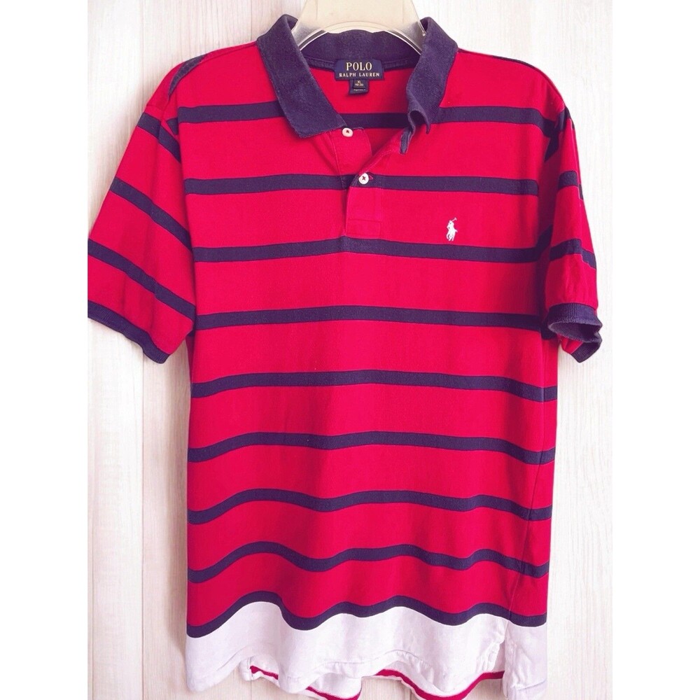 Ralph Lauren Polo Shirt Youth XL 18-20 Red Blue Striped Preppy White Pony Logo